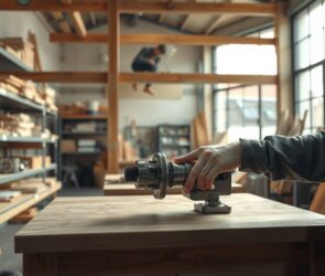 A photorealistic wide-angle shot (16:9) of a modern German workshop interior, flooded with natural light from large industrial windows. In the foreground, a skilled craftsperson's hands are visible, precisely adjusting a complex metal component on a clean wooden workbench. The background shows organized shelves filled with tools and raw materials, with a subtle blur of a colleague working on a wooden beam. The atmosphere is professional and quiet, emphasizing precision, stability, and craftsmanship. No faces, no text. High contrast, warm wood tones mixed with cool steel.