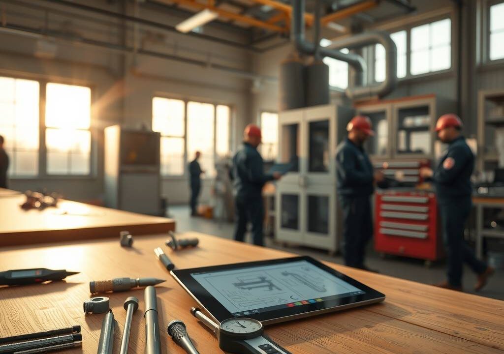 A cinematic, photorealistic wide shot of a modern German workshop at golden hour. Sunlight streams through large industrial windows, casting warm highlights on sleek workbenches and state-of-the-art tools. In the foreground, a neatly organized set of precision instruments—calipers, screwdrivers, and a tablet displaying technical blueprints—rests on a clean wooden surface. In the background, blurred silhouettes of skilled professionals in workwear collaborate near a high-tech heating and ventilation unit, with subtle metallic reflections and a tidy, professional atmosphere. The scene conveys innovation, craftsmanship, and economic growth, with no text or visible faces.