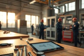 A cinematic, photorealistic wide shot of a modern German workshop at golden hour. Sunlight streams through large industrial windows, casting warm highlights on sleek workbenches and state-of-the-art tools. In the foreground, a neatly organized set of precision instruments—calipers, screwdrivers, and a tablet displaying technical blueprints—rests on a clean wooden surface. In the background, blurred silhouettes of skilled professionals in workwear collaborate near a high-tech heating and ventilation unit, with subtle metallic reflections and a tidy, professional atmosphere. The scene conveys innovation, craftsmanship, and economic growth, with no text or visible faces.