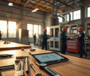 A cinematic, photorealistic wide shot of a modern German workshop at golden hour. Sunlight streams through large industrial windows, casting warm highlights on sleek workbenches and state-of-the-art tools. In the foreground, a neatly organized set of precision instruments—calipers, screwdrivers, and a tablet displaying technical blueprints—rests on a clean wooden surface. In the background, blurred silhouettes of skilled professionals in workwear collaborate near a high-tech heating and ventilation unit, with subtle metallic reflections and a tidy, professional atmosphere. The scene conveys innovation, craftsmanship, and economic growth, with no text or visible faces.