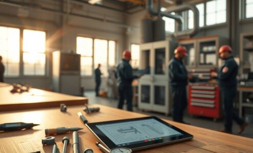 A cinematic, photorealistic wide shot of a modern German workshop at golden hour. Sunlight streams through large industrial windows, casting warm highlights on sleek workbenches and state-of-the-art tools. In the foreground, a neatly organized set of precision instruments—calipers, screwdrivers, and a tablet displaying technical blueprints—rests on a clean wooden surface. In the background, blurred silhouettes of skilled professionals in workwear collaborate near a high-tech heating and ventilation unit, with subtle metallic reflections and a tidy, professional atmosphere. The scene conveys innovation, craftsmanship, and economic growth, with no text or visible faces.