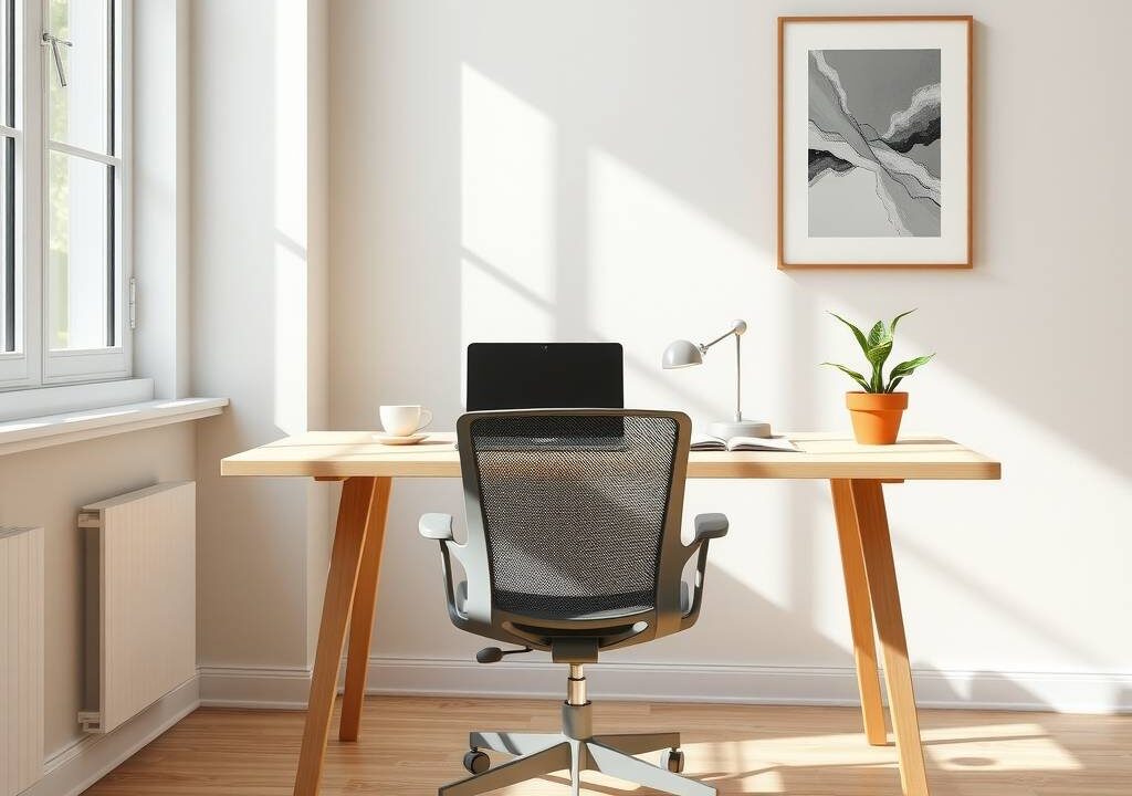 A photorealistic 16:9 image of a contemporary German home office in 2026 style. A sleek, light-wood desk with clean lines holds a modern laptop, a ceramic coffee cup, and a small succulent in a terracotta pot. An ergonomic mesh chair in muted gray is positioned behind the desk. Soft, natural daylight streams in through a large window on the left, casting gentle shadows across the room. The wall is painted in a warm off-white tone, with a single framed abstract print. The floor is polished light oak. No people, no faces, no text. Bright, professional, minimalistic atmosphere.