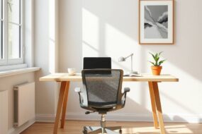 A photorealistic 16:9 image of a contemporary German home office in 2026 style. A sleek, light-wood desk with clean lines holds a modern laptop, a ceramic coffee cup, and a small succulent in a terracotta pot. An ergonomic mesh chair in muted gray is positioned behind the desk. Soft, natural daylight streams in through a large window on the left, casting gentle shadows across the room. The wall is painted in a warm off-white tone, with a single framed abstract print. The floor is polished light oak. No people, no faces, no text. Bright, professional, minimalistic atmosphere.
