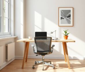 A photorealistic 16:9 image of a contemporary German home office in 2026 style. A sleek, light-wood desk with clean lines holds a modern laptop, a ceramic coffee cup, and a small succulent in a terracotta pot. An ergonomic mesh chair in muted gray is positioned behind the desk. Soft, natural daylight streams in through a large window on the left, casting gentle shadows across the room. The wall is painted in a warm off-white tone, with a single framed abstract print. The floor is polished light oak. No people, no faces, no text. Bright, professional, minimalistic atmosphere.