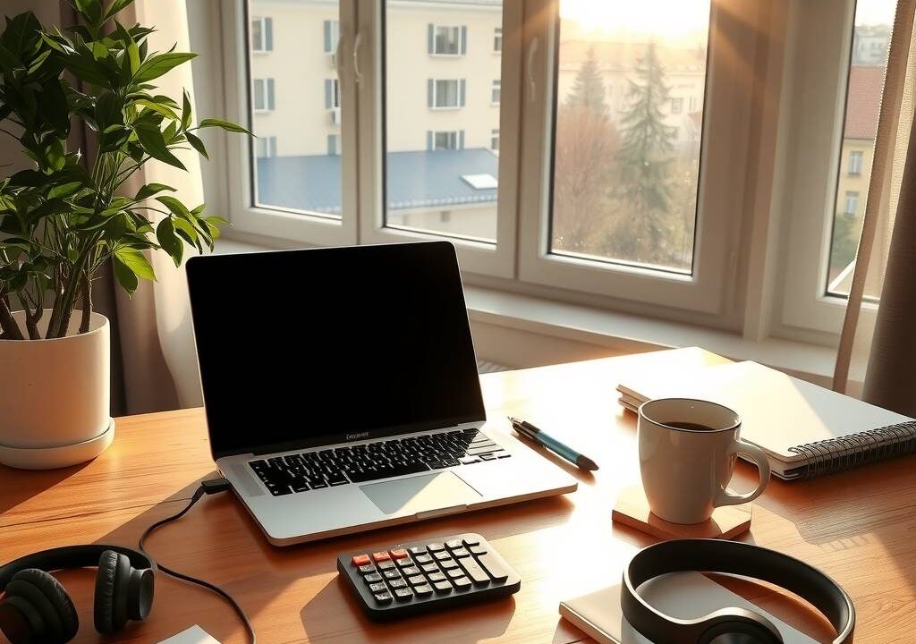 A modern, bright home office in a German apartment, 2026. A laptop with a financial calculator and a small German tax form next to it on a wooden desk. A cup of coffee and a plant. Sunlight streaming through a large window showing a typical German city view. The space is organized and professional, with noise-canceling headphones and a notebook. Photorealistic, 16:9, no text, no faces.