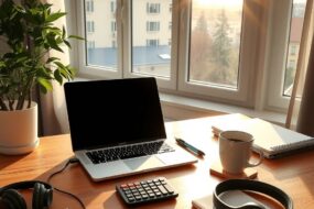 A modern, bright home office in a German apartment, 2026. A laptop with a financial calculator and a small German tax form next to it on a wooden desk. A cup of coffee and a plant. Sunlight streaming through a large window showing a typical German city view. The space is organized and professional, with noise-canceling headphones and a notebook. Photorealistic, 16:9, no text, no faces.