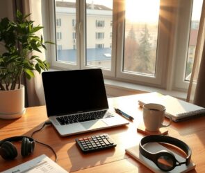 A modern, bright home office in a German apartment, 2026. A laptop with a financial calculator and a small German tax form next to it on a wooden desk. A cup of coffee and a plant. Sunlight streaming through a large window showing a typical German city view. The space is organized and professional, with noise-canceling headphones and a notebook. Photorealistic, 16:9, no text, no faces.
