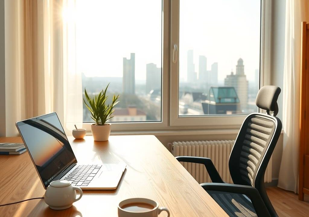 A bright, modern home office in a sunlit German apartment, early morning atmosphere. A steaming coffee cup sits on a sleek wooden desk next to a minimalist laptop with a glowing screen. Through a large window, a soft city skyline is visible, with no traffic jams or commuters. The room is tidy, featuring a comfortable ergonomic chair, a small plant, and warm natural light. No people, no faces, no text. Photorealistic, clean and professional aesthetic, 16:9 aspect ratio.
