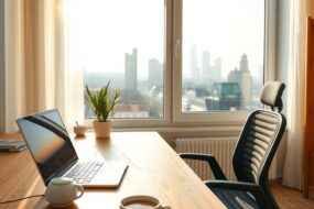 A bright, modern home office in a sunlit German apartment, early morning atmosphere. A steaming coffee cup sits on a sleek wooden desk next to a minimalist laptop with a glowing screen. Through a large window, a soft city skyline is visible, with no traffic jams or commuters. The room is tidy, featuring a comfortable ergonomic chair, a small plant, and warm natural light. No people, no faces, no text. Photorealistic, clean and professional aesthetic, 16:9 aspect ratio.
