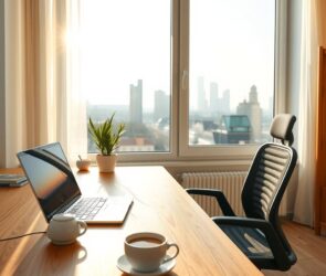 A bright, modern home office in a sunlit German apartment, early morning atmosphere. A steaming coffee cup sits on a sleek wooden desk next to a minimalist laptop with a glowing screen. Through a large window, a soft city skyline is visible, with no traffic jams or commuters. The room is tidy, featuring a comfortable ergonomic chair, a small plant, and warm natural light. No people, no faces, no text. Photorealistic, clean and professional aesthetic, 16:9 aspect ratio.