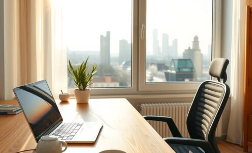 A bright, modern home office in a sunlit German apartment, early morning atmosphere. A steaming coffee cup sits on a sleek wooden desk next to a minimalist laptop with a glowing screen. Through a large window, a soft city skyline is visible, with no traffic jams or commuters. The room is tidy, featuring a comfortable ergonomic chair, a small plant, and warm natural light. No people, no faces, no text. Photorealistic, clean and professional aesthetic, 16:9 aspect ratio.