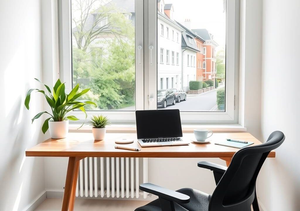 A bright, modern home office setup in Germany, featuring a sleek wooden desk with a laptop, ergonomic chair, and a cup of coffee. Soft natural light streams through a large window overlooking a quiet residential street with typical German architecture. A small plant and a notepad add warmth. The room is clean, minimalist, and professional, with a subtle focus on comfort and productivity. Neutral tones, no people, no text.