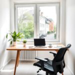 A bright, modern home office setup in Germany, featuring a sleek wooden desk with a laptop, ergonomic chair, and a cup of coffee. Soft natural light streams through a large window overlooking a quiet residential street with typical German architecture. A small plant and a notepad add warmth. The room is clean, minimalist, and professional, with a subtle focus on comfort and productivity. Neutral tones, no people, no text.
