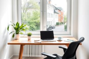A bright, modern home office setup in Germany, featuring a sleek wooden desk with a laptop, ergonomic chair, and a cup of coffee. Soft natural light streams through a large window overlooking a quiet residential street with typical German architecture. A small plant and a notepad add warmth. The room is clean, minimalist, and professional, with a subtle focus on comfort and productivity. Neutral tones, no people, no text.