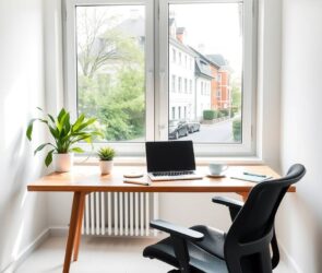 A bright, modern home office setup in Germany, featuring a sleek wooden desk with a laptop, ergonomic chair, and a cup of coffee. Soft natural light streams through a large window overlooking a quiet residential street with typical German architecture. A small plant and a notepad add warmth. The room is clean, minimalist, and professional, with a subtle focus on comfort and productivity. Neutral tones, no people, no text.
