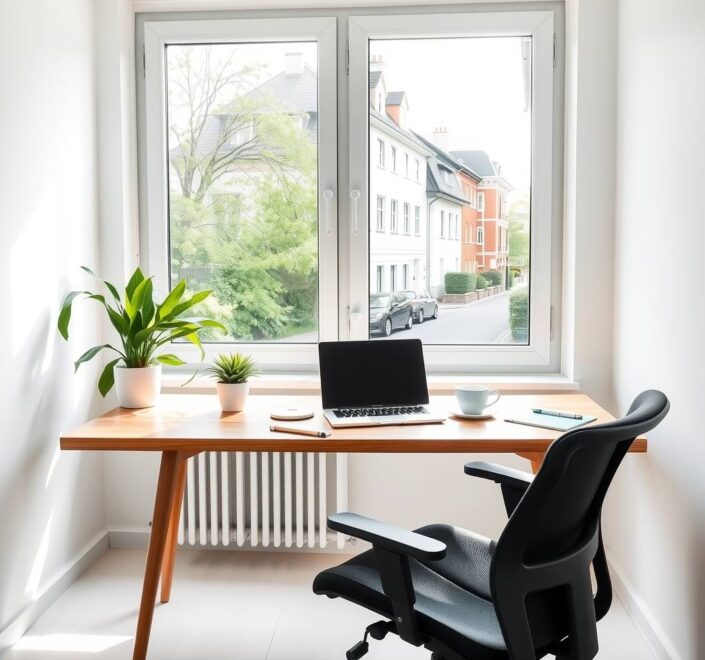 A bright, modern home office setup in Germany, featuring a sleek wooden desk with a laptop, ergonomic chair, and a cup of coffee. Soft natural light streams through a large window overlooking a quiet residential street with typical German architecture. A small plant and a notepad add warmth. The room is clean, minimalist, and professional, with a subtle focus on comfort and productivity. Neutral tones, no people, no text.