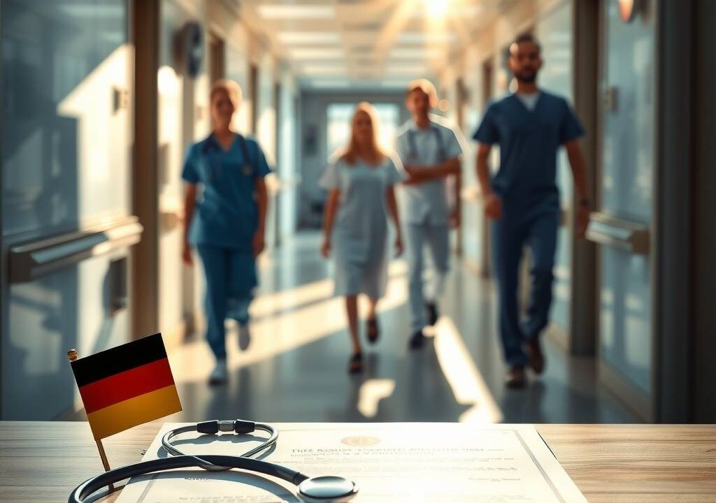 A photorealistic scene in 16:9 format: A professional, warmly lit hospital corridor with a blurred background showing medical staff in motion. In the foreground, a neatly arranged desk features a German nursing diploma or certificate, a stethoscope, and a small flag of Germany. Sunlight streams through a window, casting soft shadows. The atmosphere is modern, clean, and inviting, symbolizing opportunity, recognition, and career growth. No text, no visible faces.