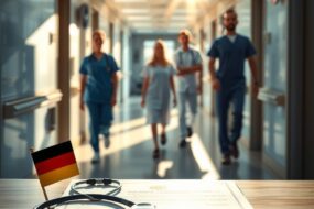 A photorealistic scene in 16:9 format: A professional, warmly lit hospital corridor with a blurred background showing medical staff in motion. In the foreground, a neatly arranged desk features a German nursing diploma or certificate, a stethoscope, and a small flag of Germany. Sunlight streams through a window, casting soft shadows. The atmosphere is modern, clean, and inviting, symbolizing opportunity, recognition, and career growth. No text, no visible faces.
