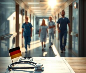 A photorealistic scene in 16:9 format: A professional, warmly lit hospital corridor with a blurred background showing medical staff in motion. In the foreground, a neatly arranged desk features a German nursing diploma or certificate, a stethoscope, and a small flag of Germany. Sunlight streams through a window, casting soft shadows. The atmosphere is modern, clean, and inviting, symbolizing opportunity, recognition, and career growth. No text, no visible faces.