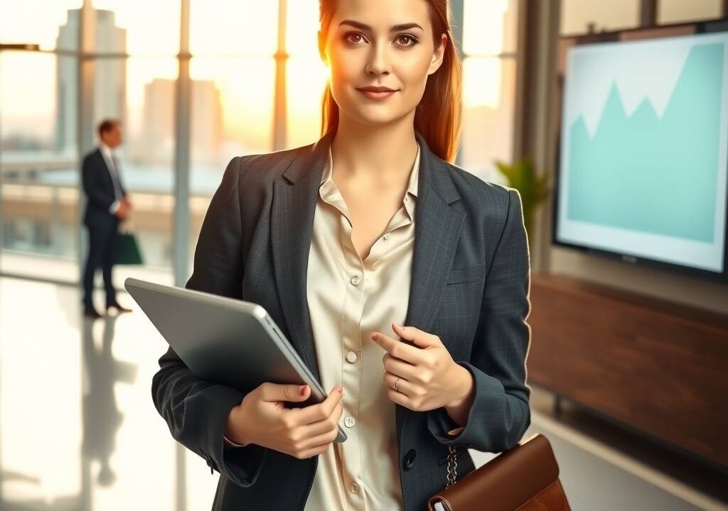 A professional woman in her early 30s stands confidently at the center of a sleek, modern office lobby. She wears a tailored charcoal blazer over a cream silk blouse, holding a tablet in one hand and a leather portfolio in the other. Her expression is calm, poised, and subtly proud, suggesting recent career advancement or successful credential recognition. Behind her, a glass wall reveals a bright city skyline at golden hour, casting soft, warm light across the polished marble floor. To her left, a blurred figure of a colleague nods approvingly; to her right, a digital screen displays a subtle upward-trending graph in muted teal and gray tones. The composition is clean and balanced, with neutral beige, slate, and soft