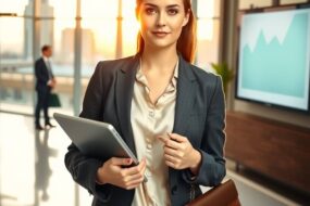A professional woman in her early 30s stands confidently at the center of a sleek, modern office lobby. She wears a tailored charcoal blazer over a cream silk blouse, holding a tablet in one hand and a leather portfolio in the other. Her expression is calm, poised, and subtly proud, suggesting recent career advancement or successful credential recognition. Behind her, a glass wall reveals a bright city skyline at golden hour, casting soft, warm light across the polished marble floor. To her left, a blurred figure of a colleague nods approvingly; to her right, a digital screen displays a subtle upward-trending graph in muted teal and gray tones. The composition is clean and balanced, with neutral beige, slate, and soft