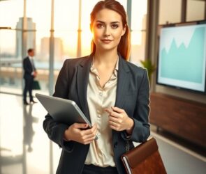 A professional woman in her early 30s stands confidently at the center of a sleek, modern office lobby. She wears a tailored charcoal blazer over a cream silk blouse, holding a tablet in one hand and a leather portfolio in the other. Her expression is calm, poised, and subtly proud, suggesting recent career advancement or successful credential recognition. Behind her, a glass wall reveals a bright city skyline at golden hour, casting soft, warm light across the polished marble floor. To her left, a blurred figure of a colleague nods approvingly; to her right, a digital screen displays a subtle upward-trending graph in muted teal and gray tones. The composition is clean and balanced, with neutral beige, slate, and soft