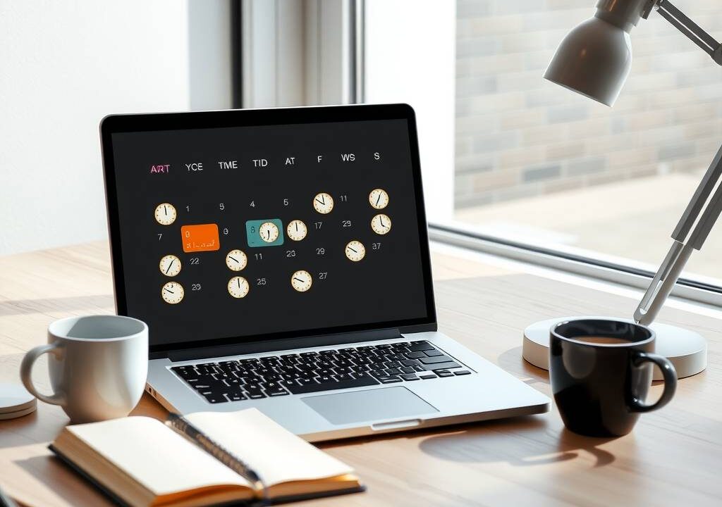 A photorealistic 16:9 image of a modern, clean office desk in Germany. A laptop screen displays a digital calendar with varied time blocks and clock icons, symbolizing flexible work schedules. A coffee cup and a notebook are beside the laptop. Soft natural light enters through a window, casting subtle shadows. No text, no visible faces. Professional, minimalist design with neutral tones.
