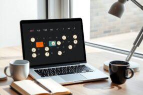 A photorealistic 16:9 image of a modern, clean office desk in Germany. A laptop screen displays a digital calendar with varied time blocks and clock icons, symbolizing flexible work schedules. A coffee cup and a notebook are beside the laptop. Soft natural light enters through a window, casting subtle shadows. No text, no visible faces. Professional, minimalist design with neutral tones.