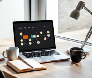 A photorealistic 16:9 image of a modern, clean office desk in Germany. A laptop screen displays a digital calendar with varied time blocks and clock icons, symbolizing flexible work schedules. A coffee cup and a notebook are beside the laptop. Soft natural light enters through a window, casting subtle shadows. No text, no visible faces. Professional, minimalist design with neutral tones.