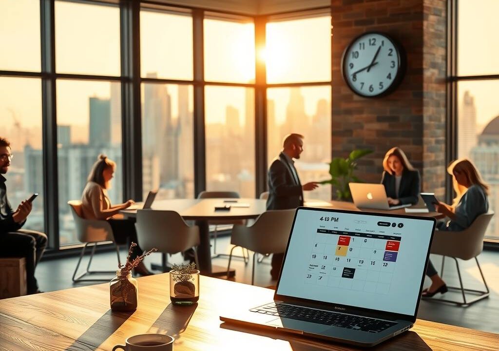 A modern, high-end open-plan office with large windows overlooking a city skyline at golden hour. In the foreground, an elegant wooden desk holds a laptop with a calendar app visible, a steaming coffee cup, and a small plant. Sunlight streams through the glass, casting soft shadows. In the background, a diverse group of professionals sits at a meeting table, one working on a tablet, another taking notes, while a wall clock shows 4:15 PM. The atmosphere is calm and productive, with warm ambient lighting, natural materials like wood and glass, and subtle digital icons floating in the air representing time flexibility, such as a clock with moving hands and a calendar with open slots. Photorealistic, 16:9 aspect ratio, no text, no faces visible.
