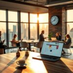 A modern, high-end open-plan office with large windows overlooking a city skyline at golden hour. In the foreground, an elegant wooden desk holds a laptop with a calendar app visible, a steaming coffee cup, and a small plant. Sunlight streams through the glass, casting soft shadows. In the background, a diverse group of professionals sits at a meeting table, one working on a tablet, another taking notes, while a wall clock shows 4:15 PM. The atmosphere is calm and productive, with warm ambient lighting, natural materials like wood and glass, and subtle digital icons floating in the air representing time flexibility, such as a clock with moving hands and a calendar with open slots. Photorealistic, 16:9 aspect ratio, no text, no faces visible.