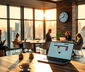 A modern, high-end open-plan office with large windows overlooking a city skyline at golden hour. In the foreground, an elegant wooden desk holds a laptop with a calendar app visible, a steaming coffee cup, and a small plant. Sunlight streams through the glass, casting soft shadows. In the background, a diverse group of professionals sits at a meeting table, one working on a tablet, another taking notes, while a wall clock shows 4:15 PM. The atmosphere is calm and productive, with warm ambient lighting, natural materials like wood and glass, and subtle digital icons floating in the air representing time flexibility, such as a clock with moving hands and a calendar with open slots. Photorealistic, 16:9 aspect ratio, no text, no faces visible.