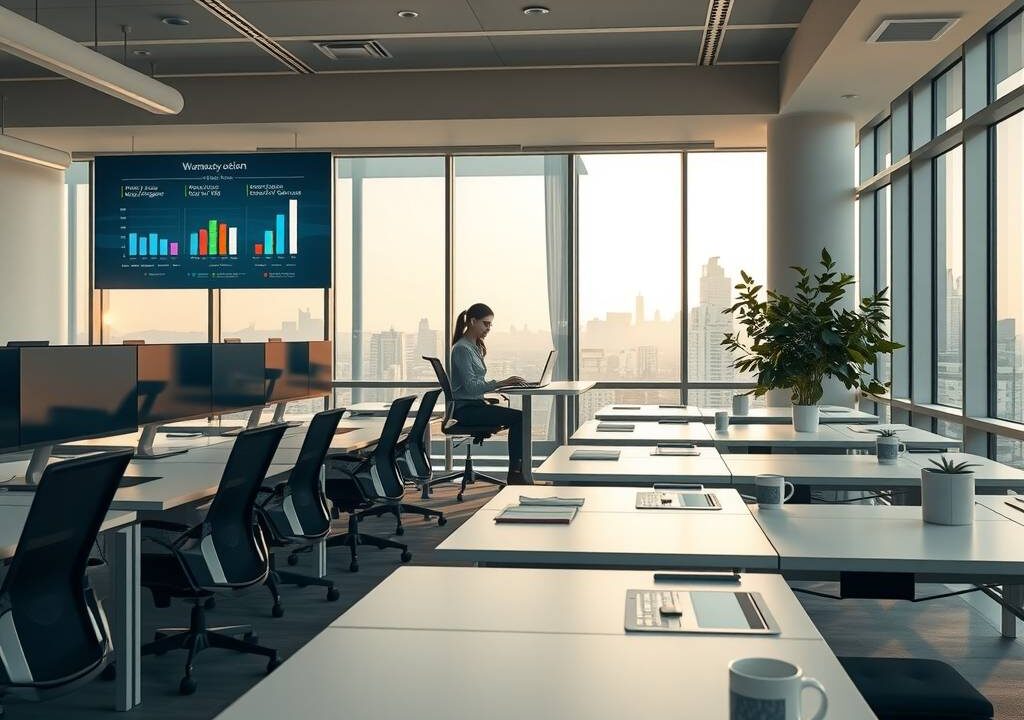 A wide-angle, photorealistic view of a modern, sunlit open-plan office in Germany, 2026. The scene shows rows of sleek, height-adjustable desks with ultrawide monitors and ergonomic chairs. On the left, a digital interface floats above a desk, displaying charts and data about office management and administrative careers. In the center, a blurred silhouette of a person working on a laptop in a home office setup is visible through a transparent glass partition, symbolizing remote work. The right side features a small plant and a coffee mug, with soft, warm lighting from large windows overlooking a city skyline. The atmosphere is professional, clean, and high-tech, emphasizing productivity and digital transformation. No text, no visible faces, 16:9 aspect ratio.