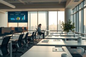 A wide-angle, photorealistic view of a modern, sunlit open-plan office in Germany, 2026. The scene shows rows of sleek, height-adjustable desks with ultrawide monitors and ergonomic chairs. On the left, a digital interface floats above a desk, displaying charts and data about office management and administrative careers. In the center, a blurred silhouette of a person working on a laptop in a home office setup is visible through a transparent glass partition, symbolizing remote work. The right side features a small plant and a coffee mug, with soft, warm lighting from large windows overlooking a city skyline. The atmosphere is professional, clean, and high-tech, emphasizing productivity and digital transformation. No text, no visible faces, 16:9 aspect ratio.