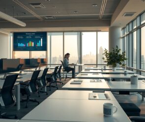 A wide-angle, photorealistic view of a modern, sunlit open-plan office in Germany, 2026. The scene shows rows of sleek, height-adjustable desks with ultrawide monitors and ergonomic chairs. On the left, a digital interface floats above a desk, displaying charts and data about office management and administrative careers. In the center, a blurred silhouette of a person working on a laptop in a home office setup is visible through a transparent glass partition, symbolizing remote work. The right side features a small plant and a coffee mug, with soft, warm lighting from large windows overlooking a city skyline. The atmosphere is professional, clean, and high-tech, emphasizing productivity and digital transformation. No text, no visible faces, 16:9 aspect ratio.