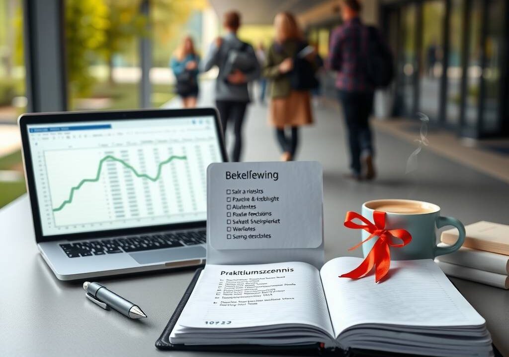 A photorealistic 16:9 image showing a modern, minimalist desk scene. On the left, a sleek laptop displays a blurred spreadsheet with subtle green and blue lines, symbolizing salary calculations. In the center, an open notebook with a handwritten checklist titled “Bewerbung” and a pen beside it. On the right, a small stack of documents tied with a red ribbon, representing a Praktikumszeugnis, and a coffee cup with steam rising. In the background, a blurred university campus walkway with students walking, subtly indicating the transition from study to career. Soft natural light from a window on the left casts gentle shadows. No text or faces visible.