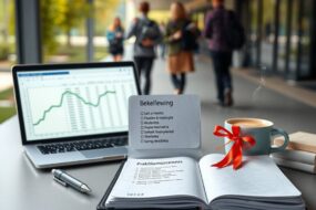 A photorealistic 16:9 image showing a modern, minimalist desk scene. On the left, a sleek laptop displays a blurred spreadsheet with subtle green and blue lines, symbolizing salary calculations. In the center, an open notebook with a handwritten checklist titled “Bewerbung” and a pen beside it. On the right, a small stack of documents tied with a red ribbon, representing a Praktikumszeugnis, and a coffee cup with steam rising. In the background, a blurred university campus walkway with students walking, subtly indicating the transition from study to career. Soft natural light from a window on the left casts gentle shadows. No text or faces visible.