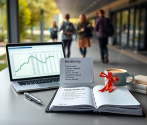 A photorealistic 16:9 image showing a modern, minimalist desk scene. On the left, a sleek laptop displays a blurred spreadsheet with subtle green and blue lines, symbolizing salary calculations. In the center, an open notebook with a handwritten checklist titled “Bewerbung” and a pen beside it. On the right, a small stack of documents tied with a red ribbon, representing a Praktikumszeugnis, and a coffee cup with steam rising. In the background, a blurred university campus walkway with students walking, subtly indicating the transition from study to career. Soft natural light from a window on the left casts gentle shadows. No text or faces visible.