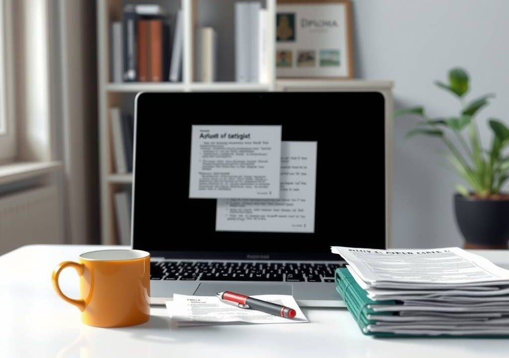 A photorealistic 16:9 image depicting a modern, clean desk setup with a laptop displaying a partially visible document or checklist, a cup of coffee, a pen, and a neatly arranged stack of papers or a printed guide. In the background, a blurred bookshelf or office wall with subtle academic or professional elements like a diploma frame or a plant. Soft natural lighting from a window on the left, creating calm, focused atmosphere. No text, no faces, no people.
