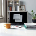 A photorealistic 16:9 image depicting a modern, clean desk setup with a laptop displaying a partially visible document or checklist, a cup of coffee, a pen, and a neatly arranged stack of papers or a printed guide. In the background, a blurred bookshelf or office wall with subtle academic or professional elements like a diploma frame or a plant. Soft natural lighting from a window on the left, creating calm, focused atmosphere. No text, no faces, no people.