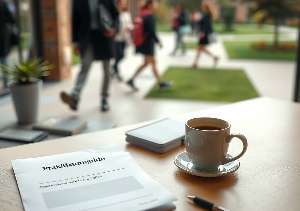 A photorealistic wide shot of a modern, clean desk with a laptop, a cup of coffee, and a printed document titled "Praktikumsguide" visible. Next to the laptop, there is a small stack of application folders and a pen. In the background, a blurry university campus setting with students walking, suggesting graduation or student life. Soft natural lighting from a window, with a warm and professional tone. Composition: 16:9, no text on screen, no visible faces.
