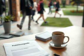 A photorealistic wide shot of a modern, clean desk with a laptop, a cup of coffee, and a printed document titled "Praktikumsguide" visible. Next to the laptop, there is a small stack of application folders and a pen. In the background, a blurry university campus setting with students walking, suggesting graduation or student life. Soft natural lighting from a window, with a warm and professional tone. Composition: 16:9, no text on screen, no visible faces.
