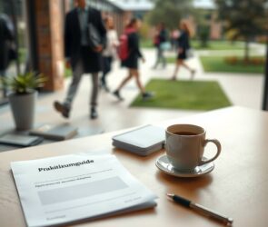 A photorealistic wide shot of a modern, clean desk with a laptop, a cup of coffee, and a printed document titled "Praktikumsguide" visible. Next to the laptop, there is a small stack of application folders and a pen. In the background, a blurry university campus setting with students walking, suggesting graduation or student life. Soft natural lighting from a window, with a warm and professional tone. Composition: 16:9, no text on screen, no visible faces.