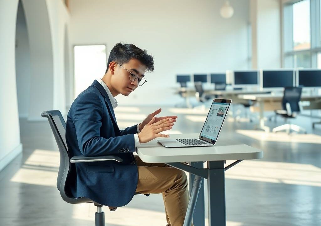 A young professional in a crisp, dark blue blazer sits at a modern, minimalist desk in a bright, open-plan training facility. Soft, neutral daylight streams in through large windows, casting gentle shadows across the polished concrete floor. The subject is focused on a laptop screen, one hand gesturing thoughtfully toward a tablet displaying technical diagrams. In the background, a blurred row of workstations with monitors and ergonomic chairs suggests a collaborative learning environment. The composition is balanced, with clean lines and muted beige, slate, and steel tones, evoking precision, opportunity, and structured growth. No text, logos, or distracting elements are visible.