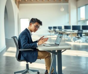 A young professional in a crisp, dark blue blazer sits at a modern, minimalist desk in a bright, open-plan training facility. Soft, neutral daylight streams in through large windows, casting gentle shadows across the polished concrete floor. The subject is focused on a laptop screen, one hand gesturing thoughtfully toward a tablet displaying technical diagrams. In the background, a blurred row of workstations with monitors and ergonomic chairs suggests a collaborative learning environment. The composition is balanced, with clean lines and muted beige, slate, and steel tones, evoking precision, opportunity, and structured growth. No text, logos, or distracting elements are visible.