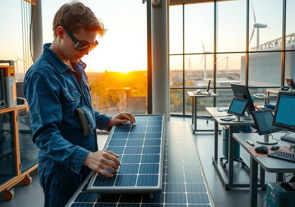 A photorealistic, wide-angle scene of a modern German training workshop at sunrise. On the left, a young apprentice in blue work overalls is focused on assembling a solar panel component at a clean, well-lit workstation, with safety goggles and precision tools neatly arranged. On the right, through a large glass window, a view of a vocational school classroom with students at computers, digital screens displaying technical diagrams. The background shows a city skyline with wind turbines on the horizon and green energy facilities. The lighting is warm, professional, and hopeful, emphasizing a seamless blend of hands-on craftsmanship and cutting-edge technology. No text, no faces visible. 16:9 aspect ratio.