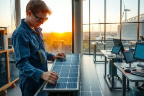 A photorealistic, wide-angle scene of a modern German training workshop at sunrise. On the left, a young apprentice in blue work overalls is focused on assembling a solar panel component at a clean, well-lit workstation, with safety goggles and precision tools neatly arranged. On the right, through a large glass window, a view of a vocational school classroom with students at computers, digital screens displaying technical diagrams. The background shows a city skyline with wind turbines on the horizon and green energy facilities. The lighting is warm, professional, and hopeful, emphasizing a seamless blend of hands-on craftsmanship and cutting-edge technology. No text, no faces visible. 16:9 aspect ratio.