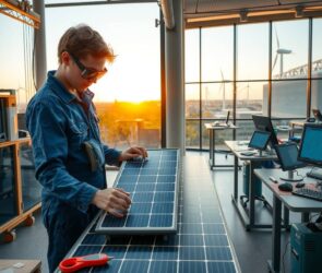 A photorealistic, wide-angle scene of a modern German training workshop at sunrise. On the left, a young apprentice in blue work overalls is focused on assembling a solar panel component at a clean, well-lit workstation, with safety goggles and precision tools neatly arranged. On the right, through a large glass window, a view of a vocational school classroom with students at computers, digital screens displaying technical diagrams. The background shows a city skyline with wind turbines on the horizon and green energy facilities. The lighting is warm, professional, and hopeful, emphasizing a seamless blend of hands-on craftsmanship and cutting-edge technology. No text, no faces visible. 16:9 aspect ratio.