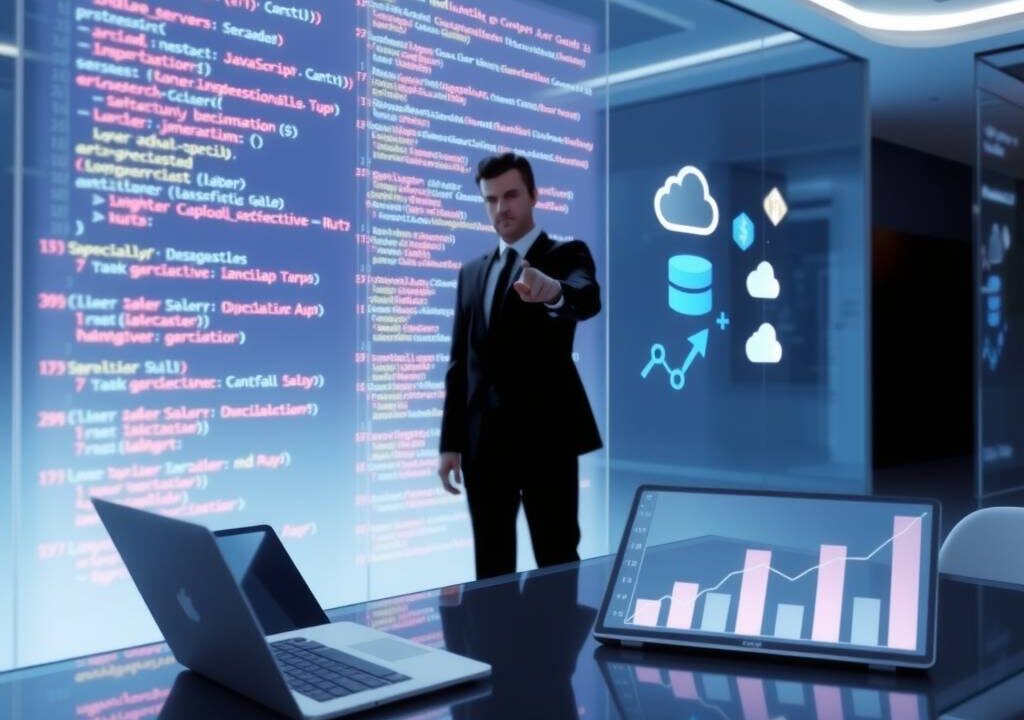 A photorealistic wide-angle shot of a sleek, modern office interior in 2026. The scene is dominated by a large transparent holographic display showing cascading lines of glowing code in multiple colors, representing Python, JavaScript, and Rust. Floating 3D icons of database servers and cloud symbols hover nearby. In the foreground, a blurred silhouette of a professional in a suit points toward the display, while on a glass desk, a laptop and a digital tablet display graphs of rising salary curves. The lighting is cool blue and white, with soft reflections on polished surfaces. No text, no faces.