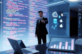 A photorealistic wide-angle shot of a sleek, modern office interior in 2026. The scene is dominated by a large transparent holographic display showing cascading lines of glowing code in multiple colors, representing Python, JavaScript, and Rust. Floating 3D icons of database servers and cloud symbols hover nearby. In the foreground, a blurred silhouette of a professional in a suit points toward the display, while on a glass desk, a laptop and a digital tablet display graphs of rising salary curves. The lighting is cool blue and white, with soft reflections on polished surfaces. No text, no faces.